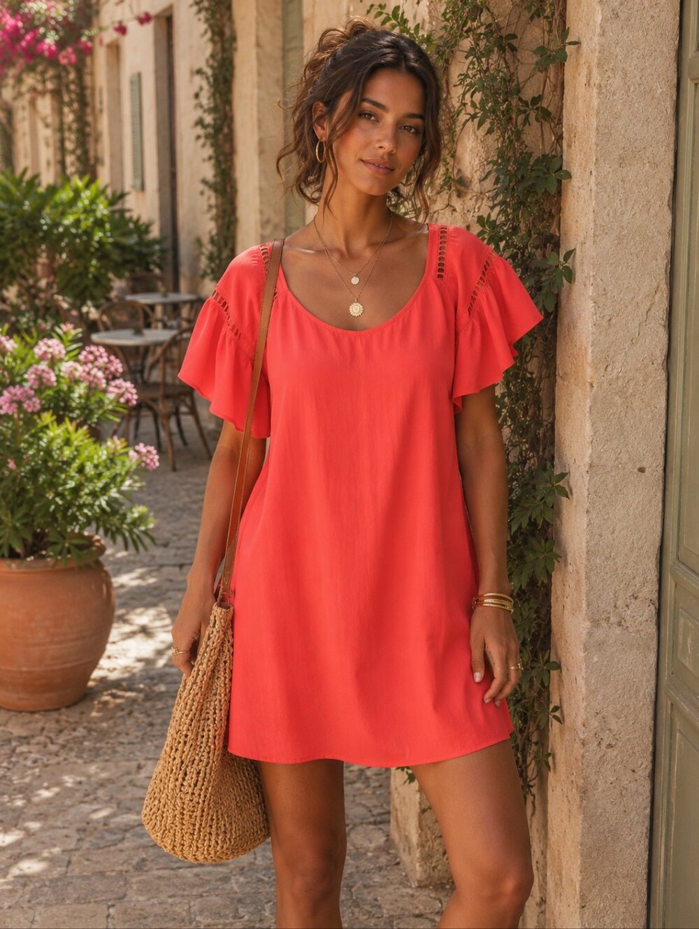 1. State Orange Coral Sleeveless V-Neck Mini Dress Eyelet Sleeve Detail SMALL